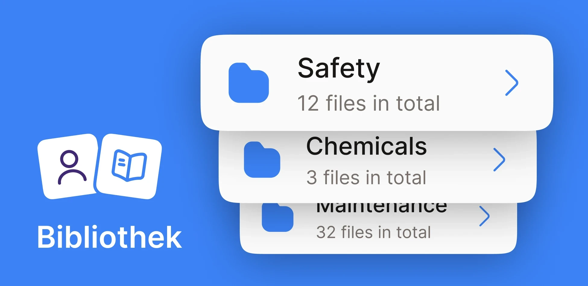Mobile app interface showing document categories for pool management: Safety (12 files), Chemicals (3 files), and Maintenance (32 files).