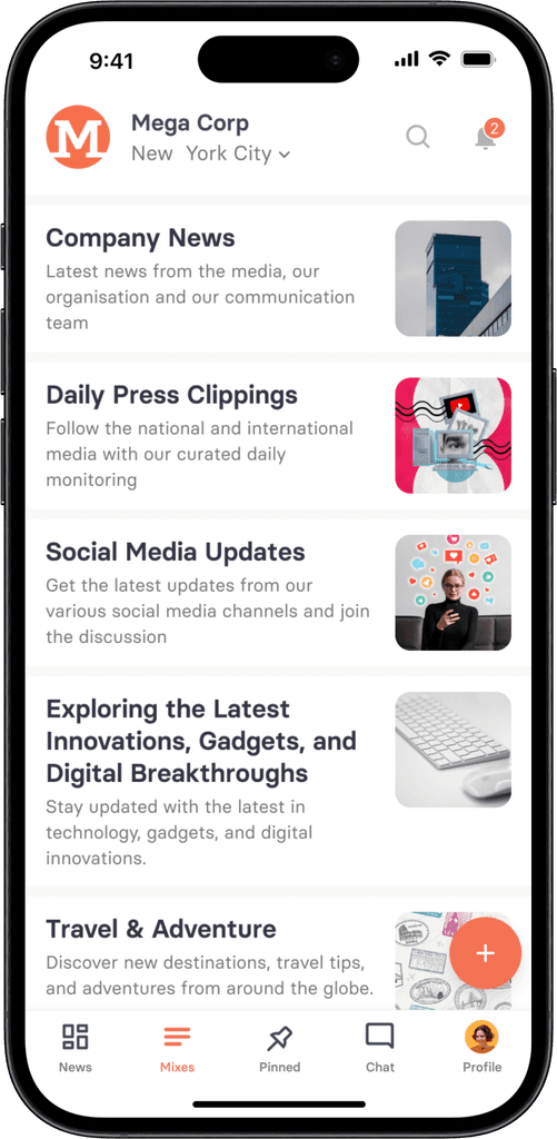 Illustration showcasing tchop's mobile interface with multiple content sections like company news, press clippings, and social media updates, designed to keep users engaged and informed in a branded community environment.