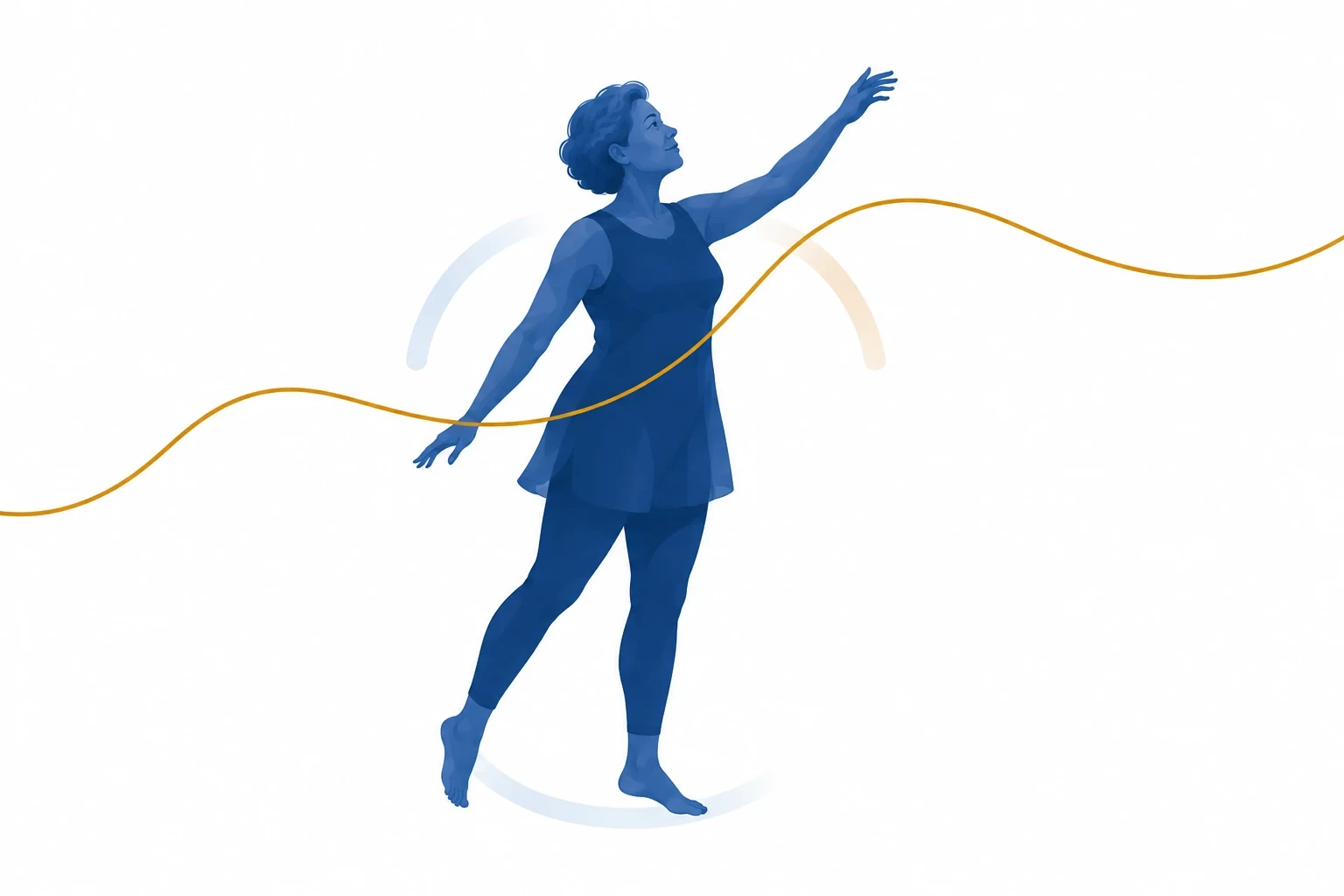 Figura feminina mais velha avança com um braço elevado enquanto o fio dourado segue adiante.