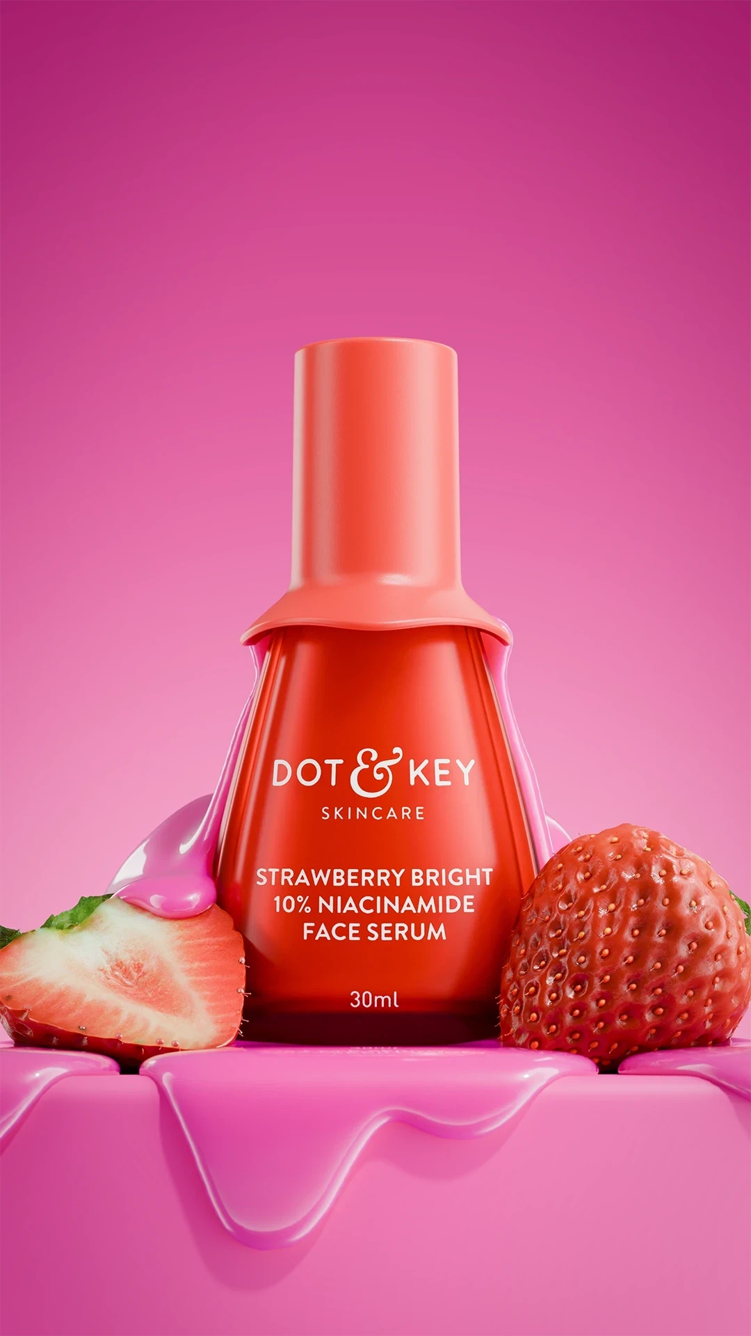 Dot And Key Strawberry serum bottle with berries in a pink product scene