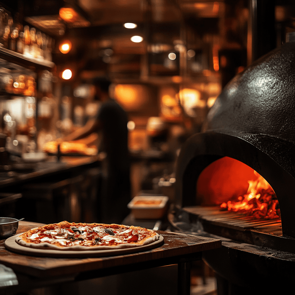 A pizza going into a coal fire oven.