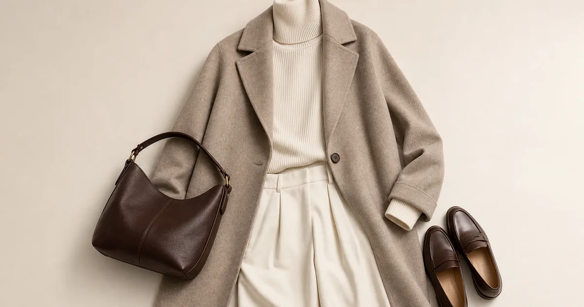 Taupe jacket with an ivory top and chocolate brown accessory on a warm stone background