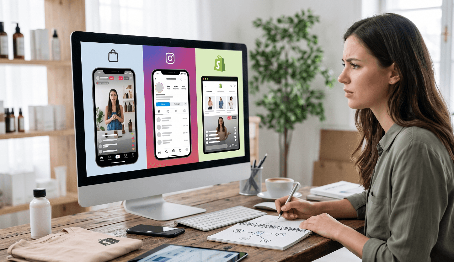 브랜드 담당자가 라이브커머스를 진행할 채널로 소셜 플랫폼과 Shopify 자사몰을 놓고 비교하는 모습