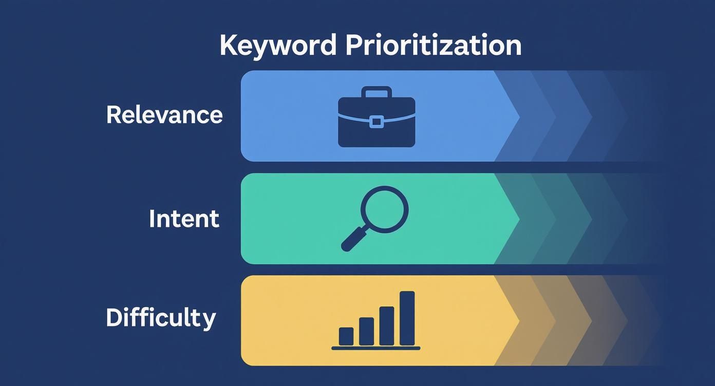 Keyword prioritization framework diagram showing relevance, intent, and difficulty factors with icons