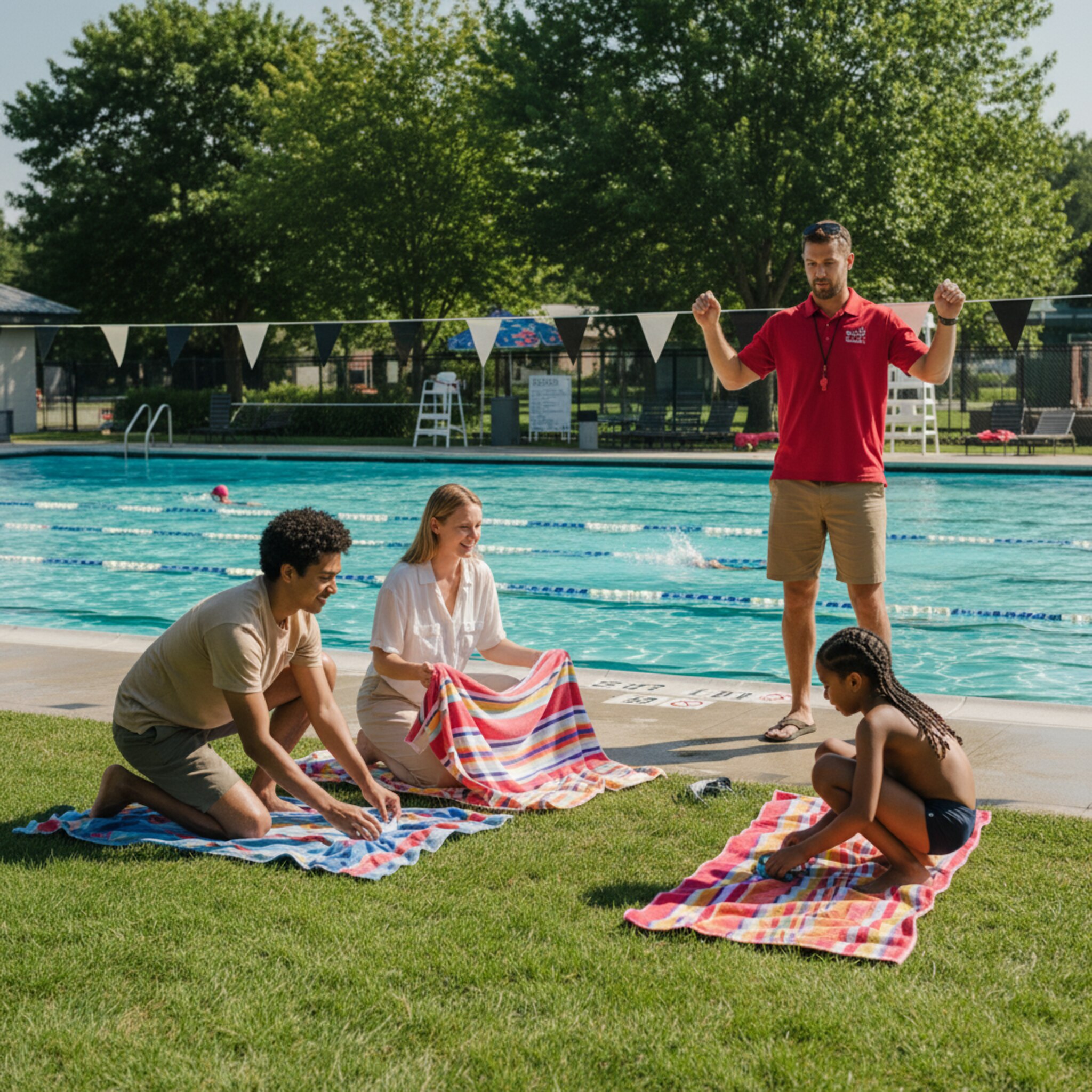 Im Freibad glitzert das Wasser unter klarer Sommersonne. Eine Familie breitet Handtücher auf der Wiese aus, während ein Bademeister die Startflaggen über den Bahnen ausrichtet. Leichtes Stimmengewirr, bunte Badehauben, weicher Schatten unter Bäumen. Ein Moment von Vorfreude und geordneter Lebendigkeit.