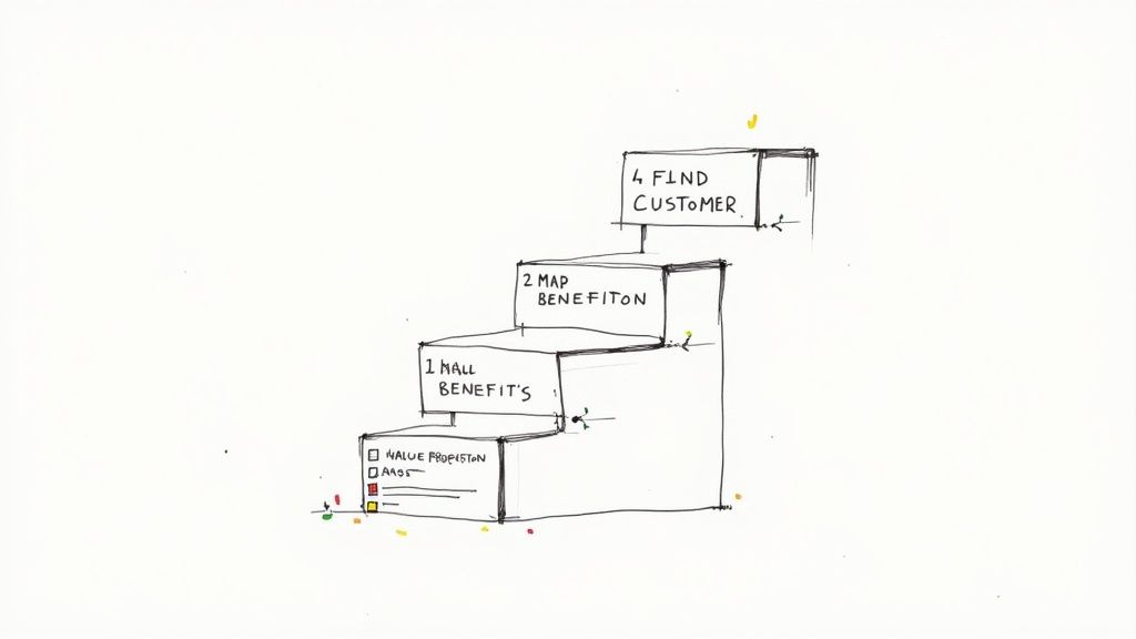 A hand-drawn staircase diagram illustrating a four-step process for finding customers, starting with value proposition.