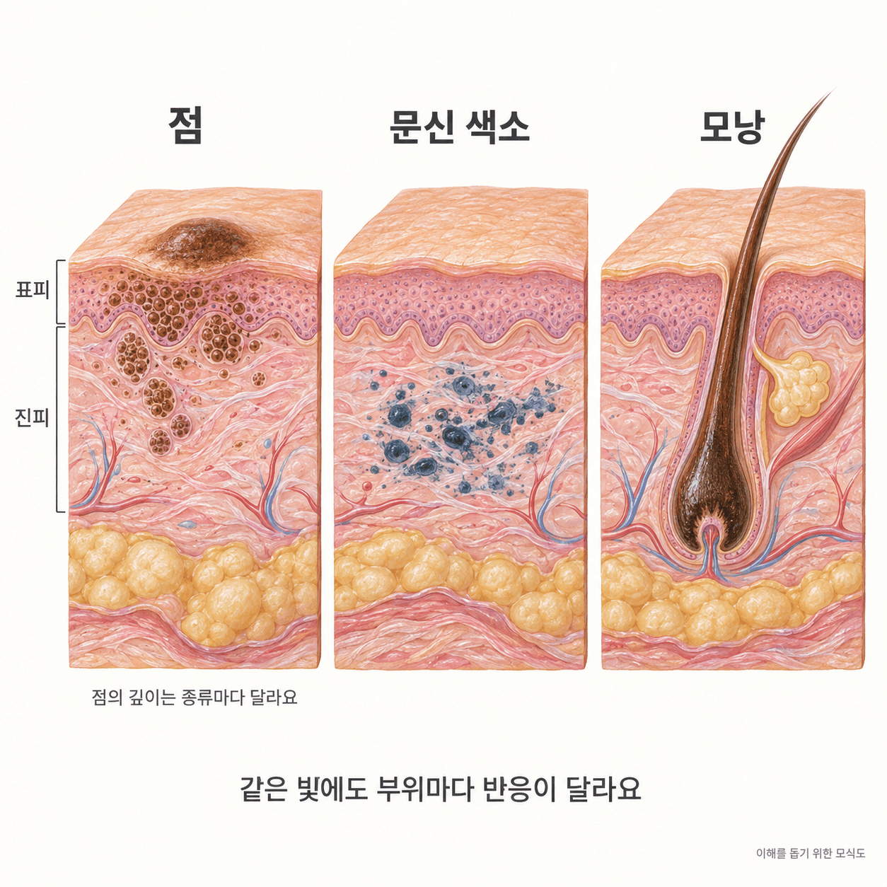 점·문신 색소·모낭의 서로 다른 위치를 비교한 피부 단면 모식도
