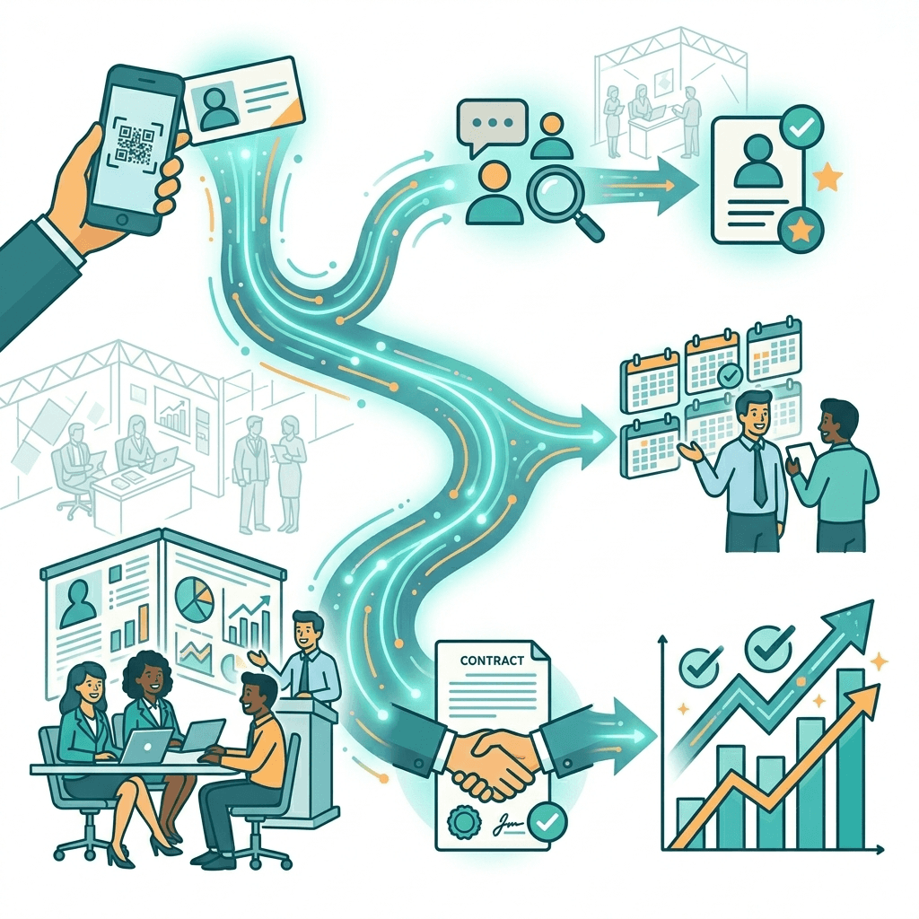 Habsy workflow showing QR sharing, digital business card exchange, meeting booking, and business relationship development.