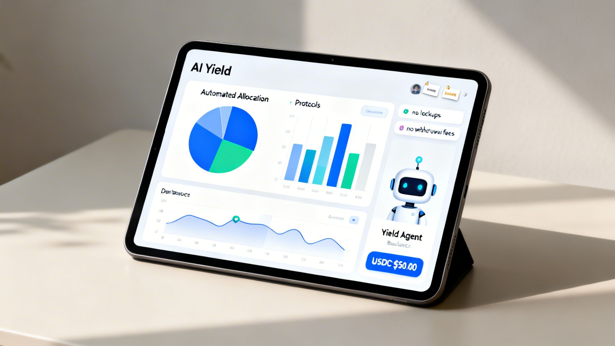 A tablet displays an 'AI Yield' dashboard featuring crypto allocation charts, graphs, and a robot agent.