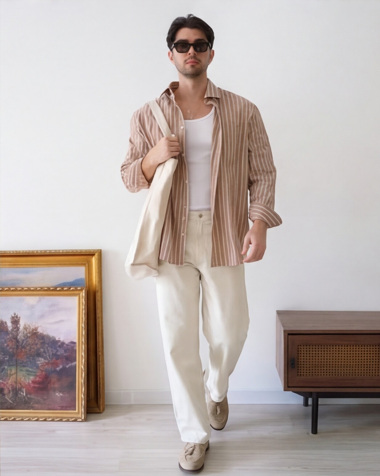 Beige Striped Shirt with Cream Relaxed Trousers