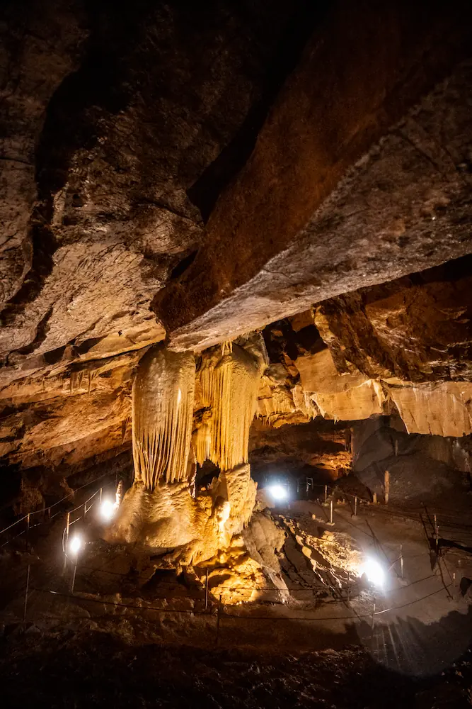 Interior of Mayor's Cave in Slovenia, featuring massive limestone stalactites and stalagmites illuminated by warm spotlights along a fenced tourist path deep underground.