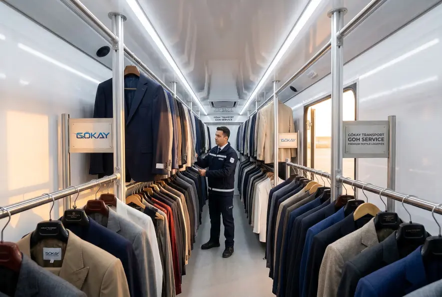 Askılı tekstil taşımacılığı aracı — konfeksiyon ürünleri kırışmasız taşıma ray sistemi