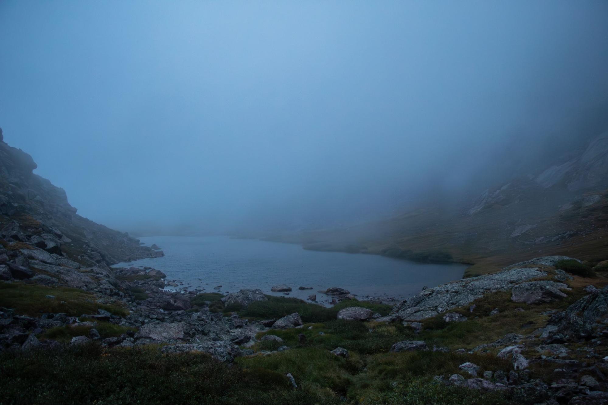 Cloudy view of Cottonwood Lake near the beginning of Crestone Traverse