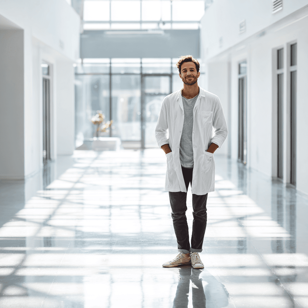 A man in a white lab coat stands confidently in a bright, modern hallway. Sunlight filters through large windows, casting geometric shadows on the shiny floor.