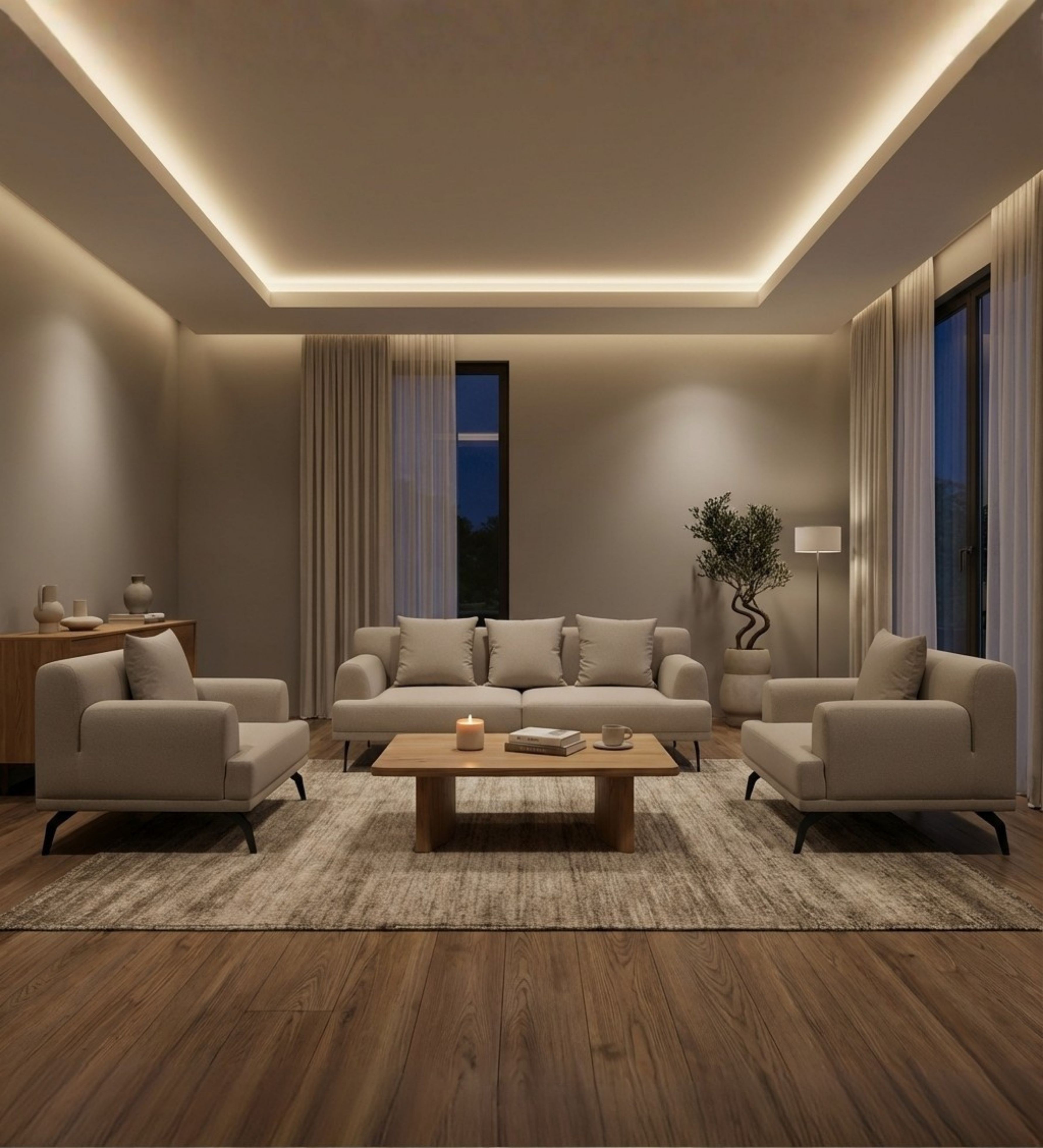 Three‑seater cream upholstered sofa with matching armchairs and slim black metal legs