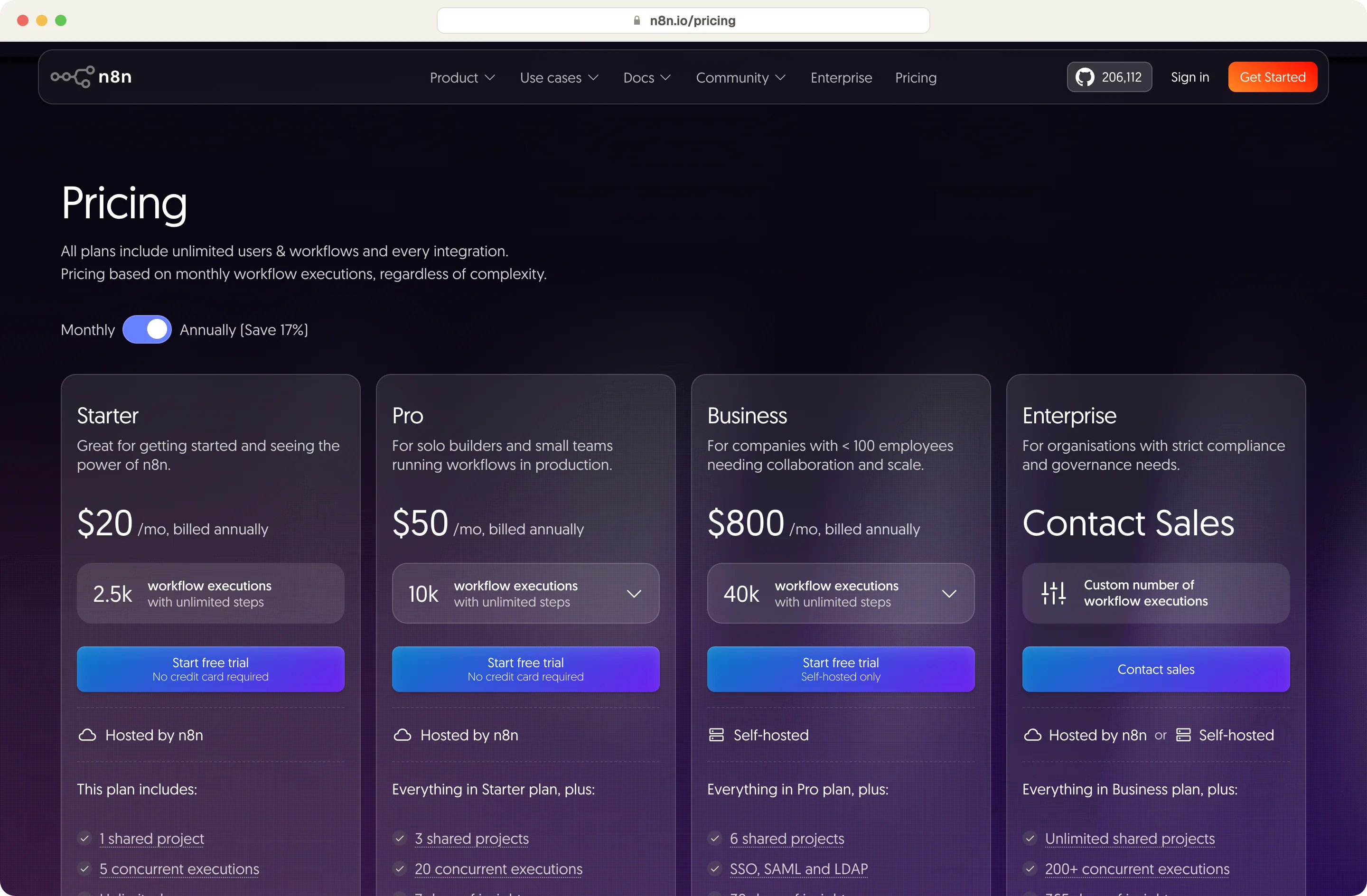 n8n pricing page with Starter, Pro, Business and Enterprise plans billed on monthly workflow executions