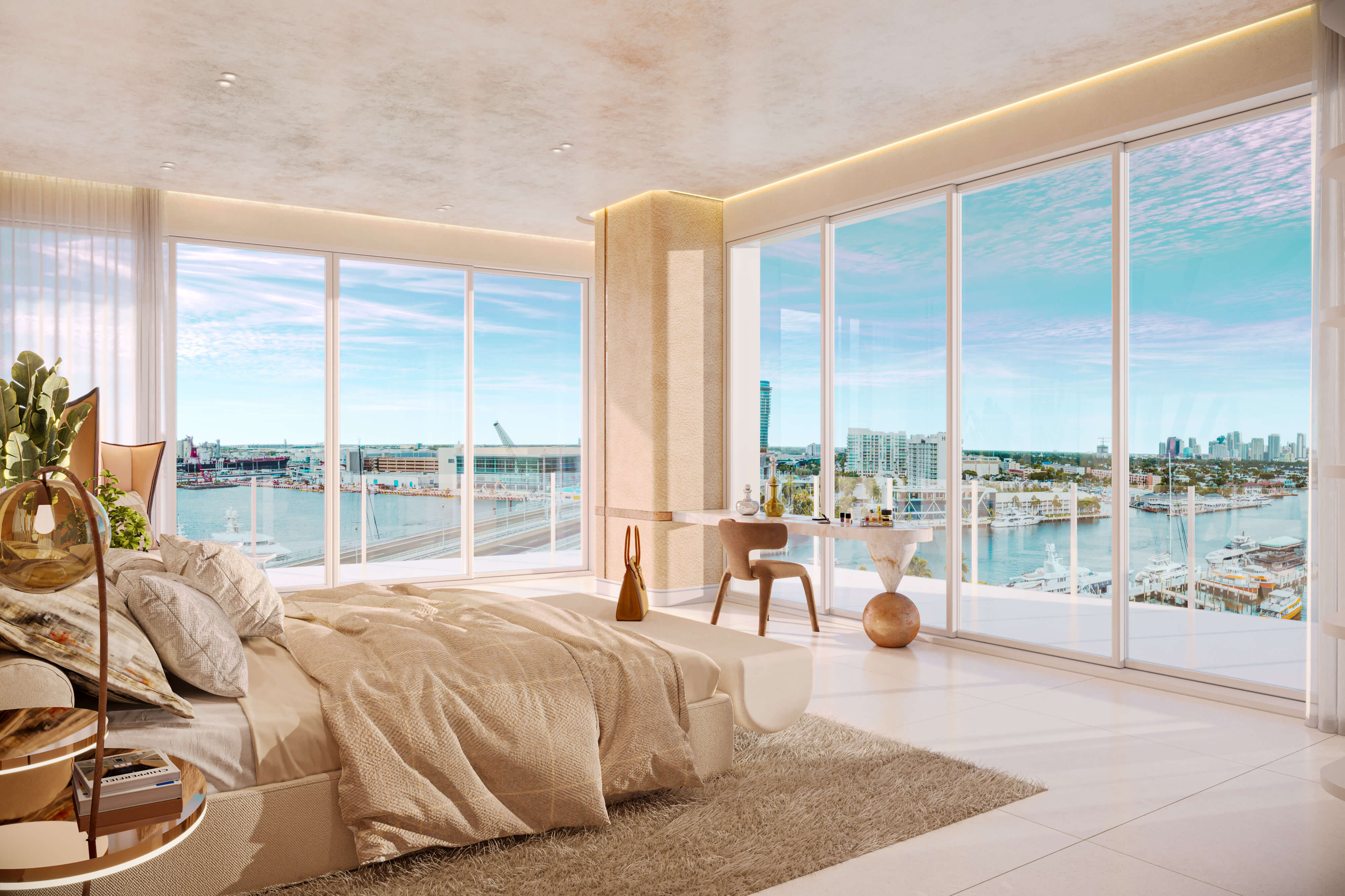 Contemporary luxury master bedroom design with soft beige palette, natural light, and minimalist furniture design overlooking a serene waterfront skyline.