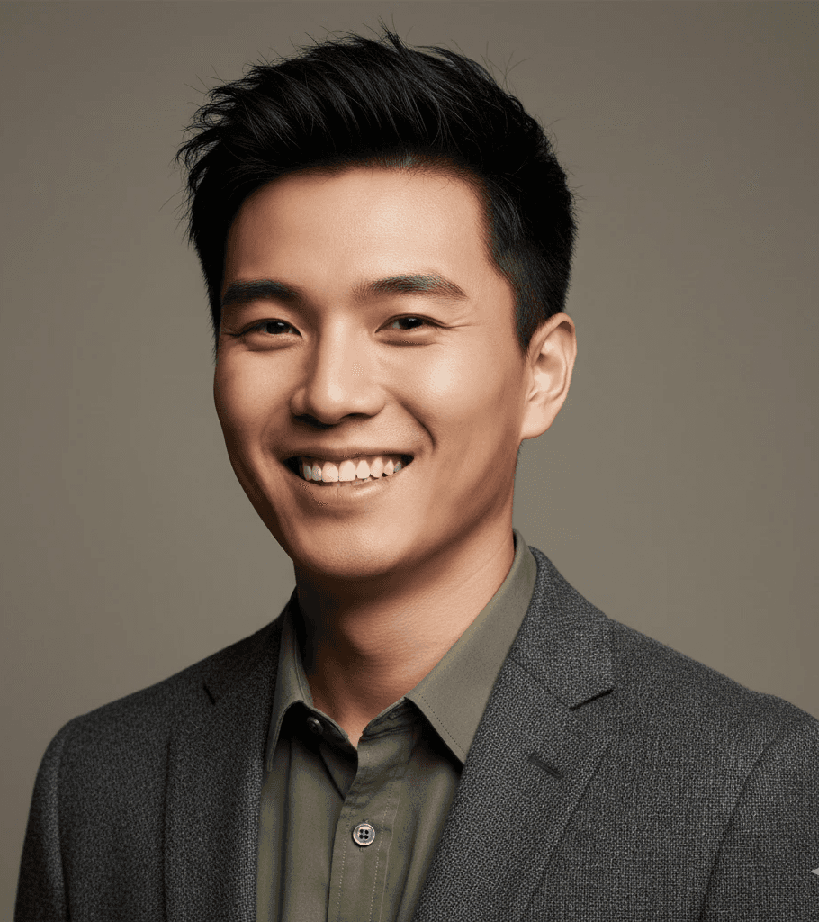 Smiling person in a gray blazer and green shirt against a plain background. Short dark hair, conveying a friendly and professional demeanor.