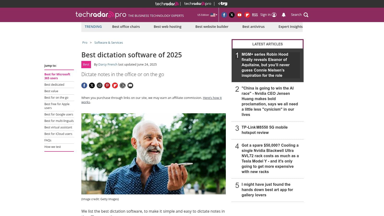 TechRadar: Best Dictation Software (comparison guide)