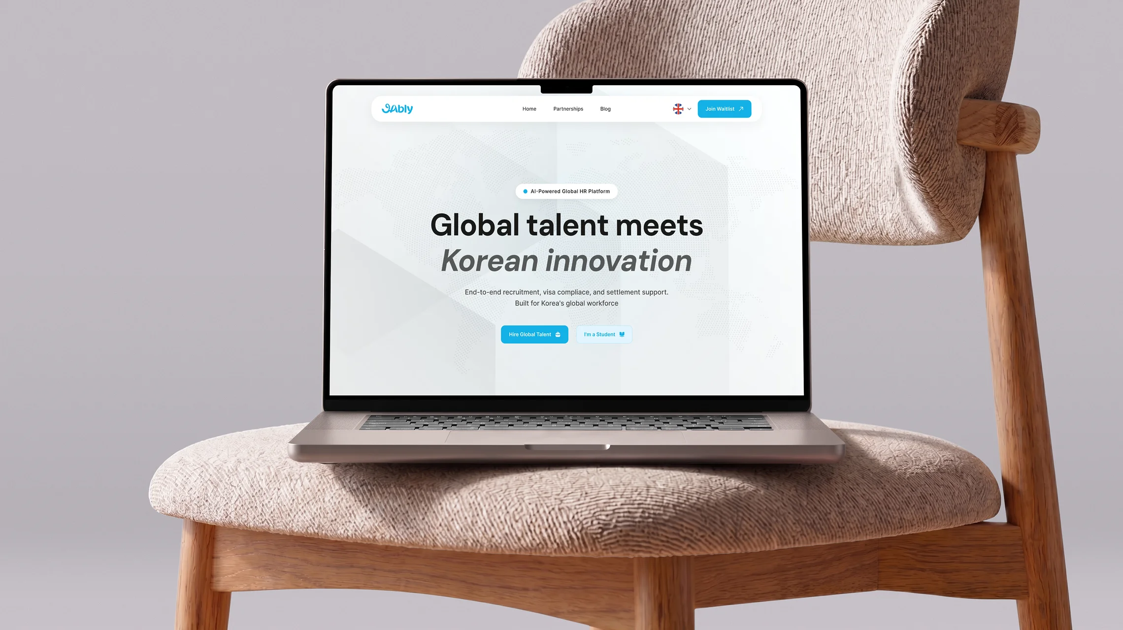Jably global HR platform website redesign on MacBook — B2B landing page UI/UX design for Korean AI hiring platform, 2026