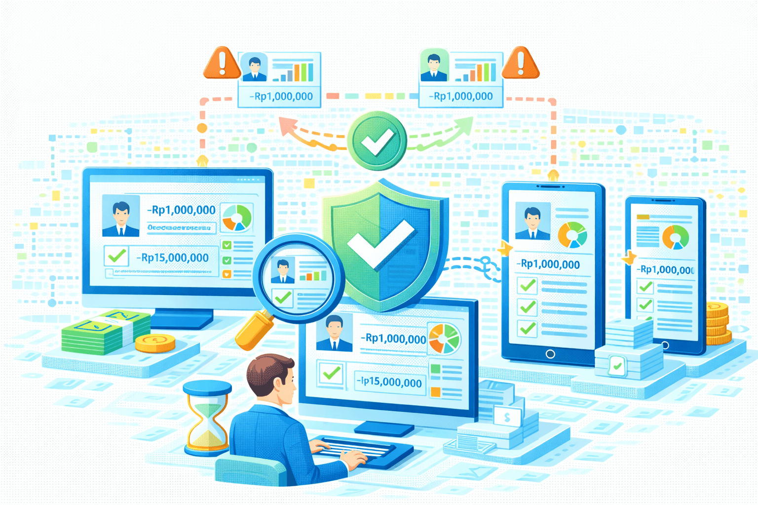 Ilustrasi secure financial data reconciliation & multi‑channel validation. Di tengah, perisai besar bertanda centang melambangkan kontrol keamanan dan persetujuan akhir. Di sekelilingnya terdapat dashboard desktop, laptop, tablet, dan smartphone yang menampilkan profil nasabah, grafik, checklist hijau, serta nilai −Rp1.000.000 dan −Rp15.000.000 yang telah diverifikasi lintas kanal.  Di bagian atas, beberapa kartu data dengan ikon peringatan terhubung melalui jalur putus‑putus, menunjukkan perbedaan/anomali yang kemudian diarahkan ke status approved (panah hijau). Kaca pembesar menyorot detail profil dan transaksi. Jam pasir menandakan SLA/waktu proses, sementara uang/koin dan tumpukan dokumen merepresentasikan dampak finansial dan audit trail. Visual menggambarkan rekonsiliasi data, deteksi anomali, dan validasi terpusat yang aman dan konsisten end‑to‑end.