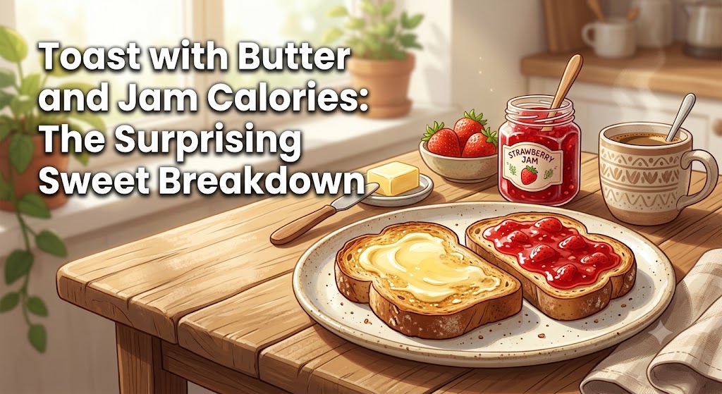A bright and inviting breakfast scene featuring two slices of whole-wheat toast on a wooden table, one with butter and one with strawberry jam, next to a jar of jam, butter, fresh strawberries, and coffee. Overlaid text reads 'Toast with Butter and Jam Calories: The Surprising Sweet Breakdown'.