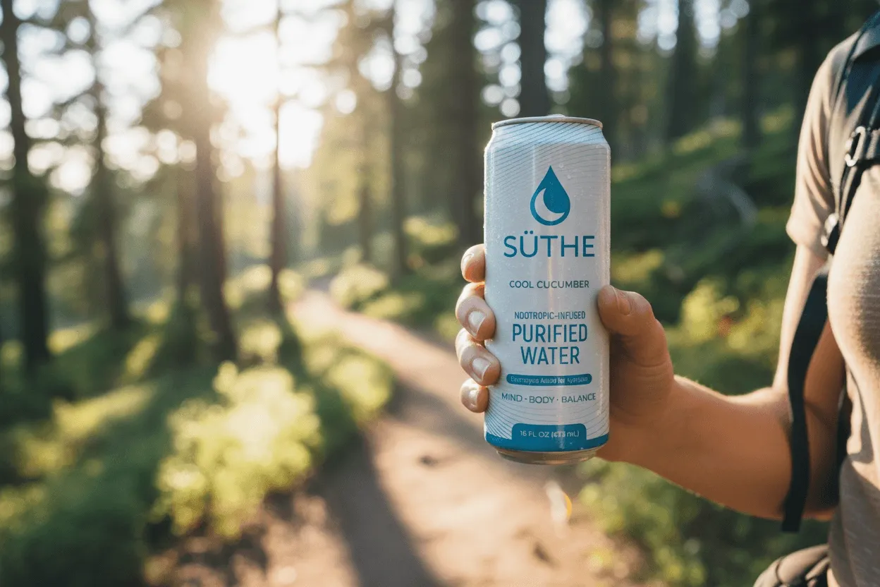 Person holding can of Suthe purified water on a scenic forest trail.