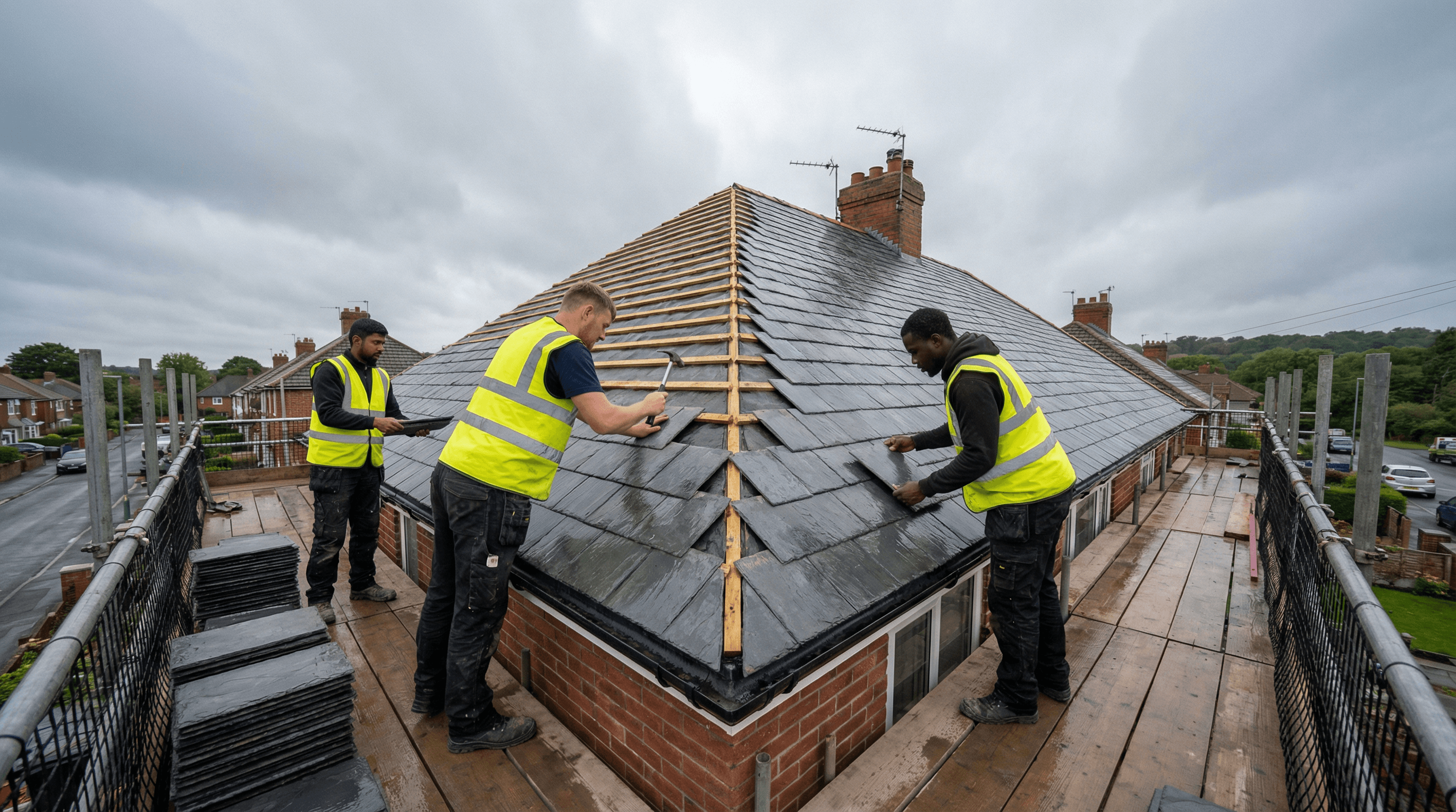 a couple of men working on a roof