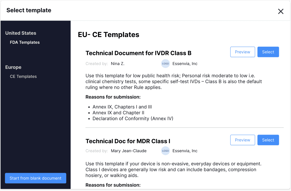 Re-use EUMDR regulatory submission data in US FDA 510k eSTAR submissions only on Essenvia