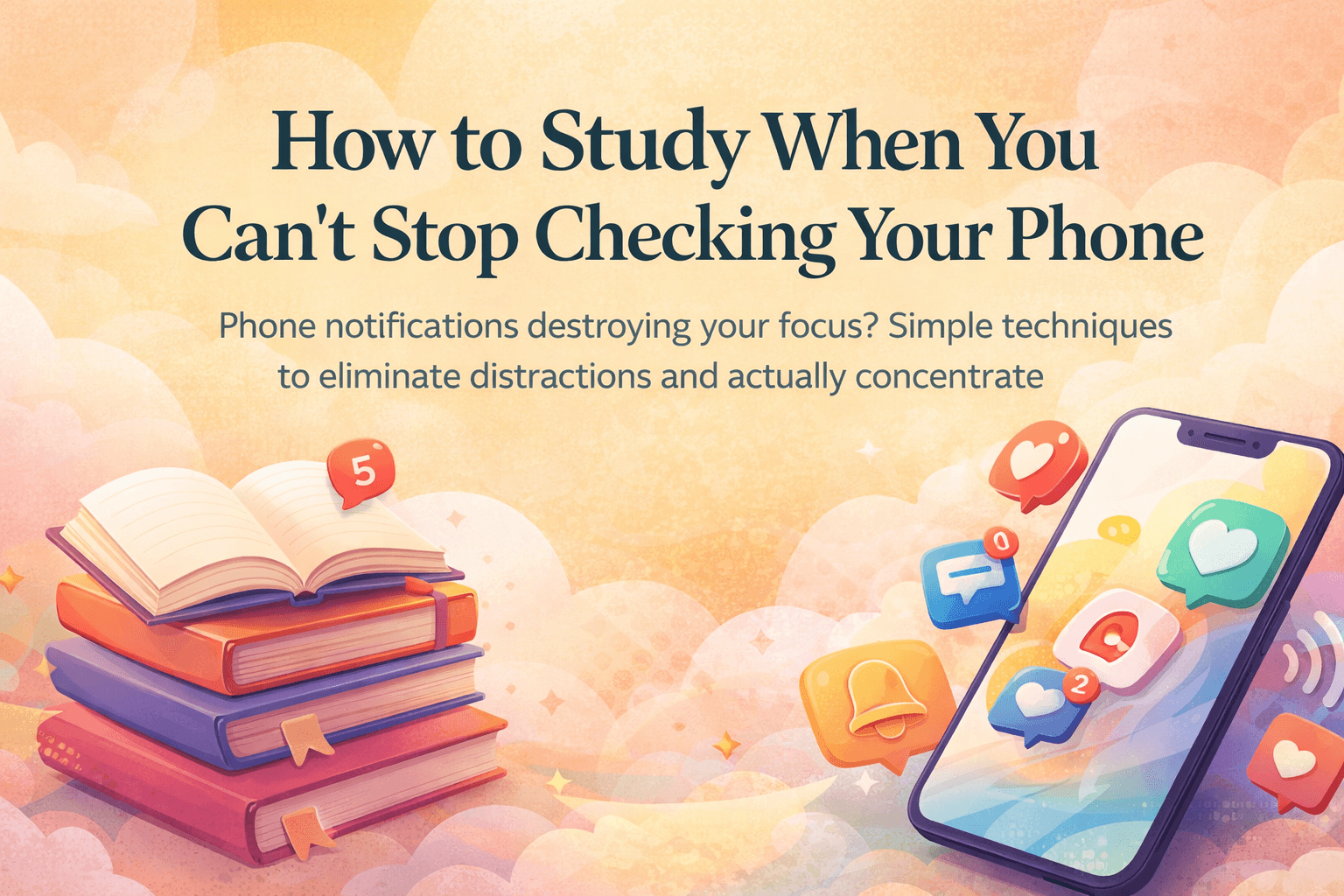 How to Study When You Can't Stop Checking Your Phone with books and a notification-filled phone showing lost focus.