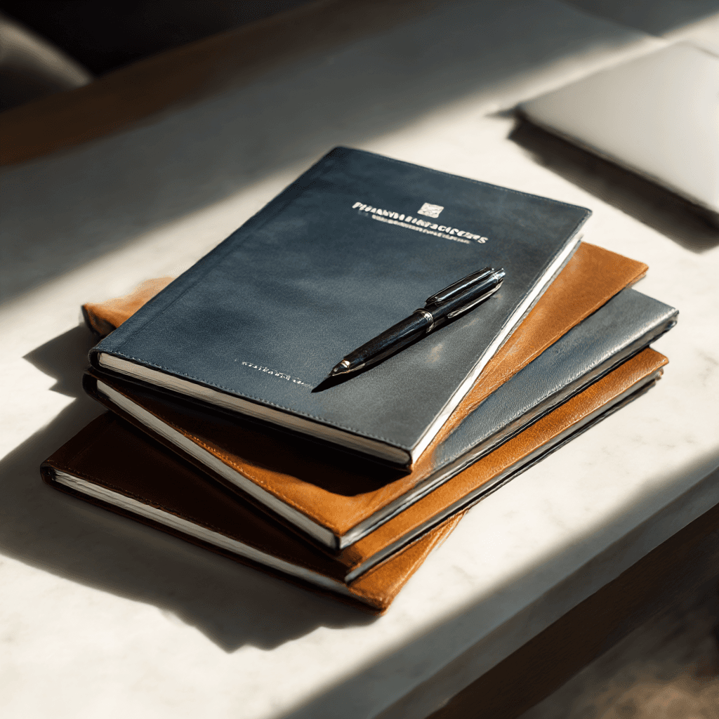 A man wearing glasses and a blazer working at a desk, writing in a notebook beside a computer monitor in a modern office.