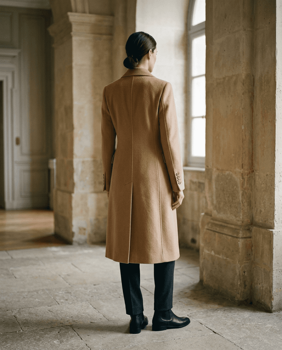 Double-Breasted Camel Cashmere Coat — Camel — full