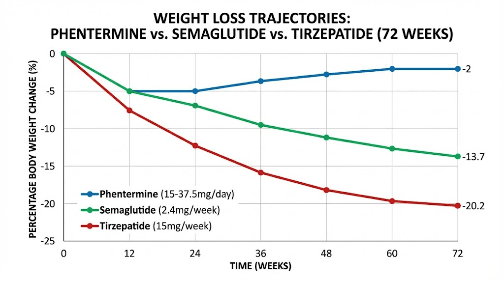 Weight loss comparison chart showing phentermine vs semaglutide vs tirzepatide over 72 weeks