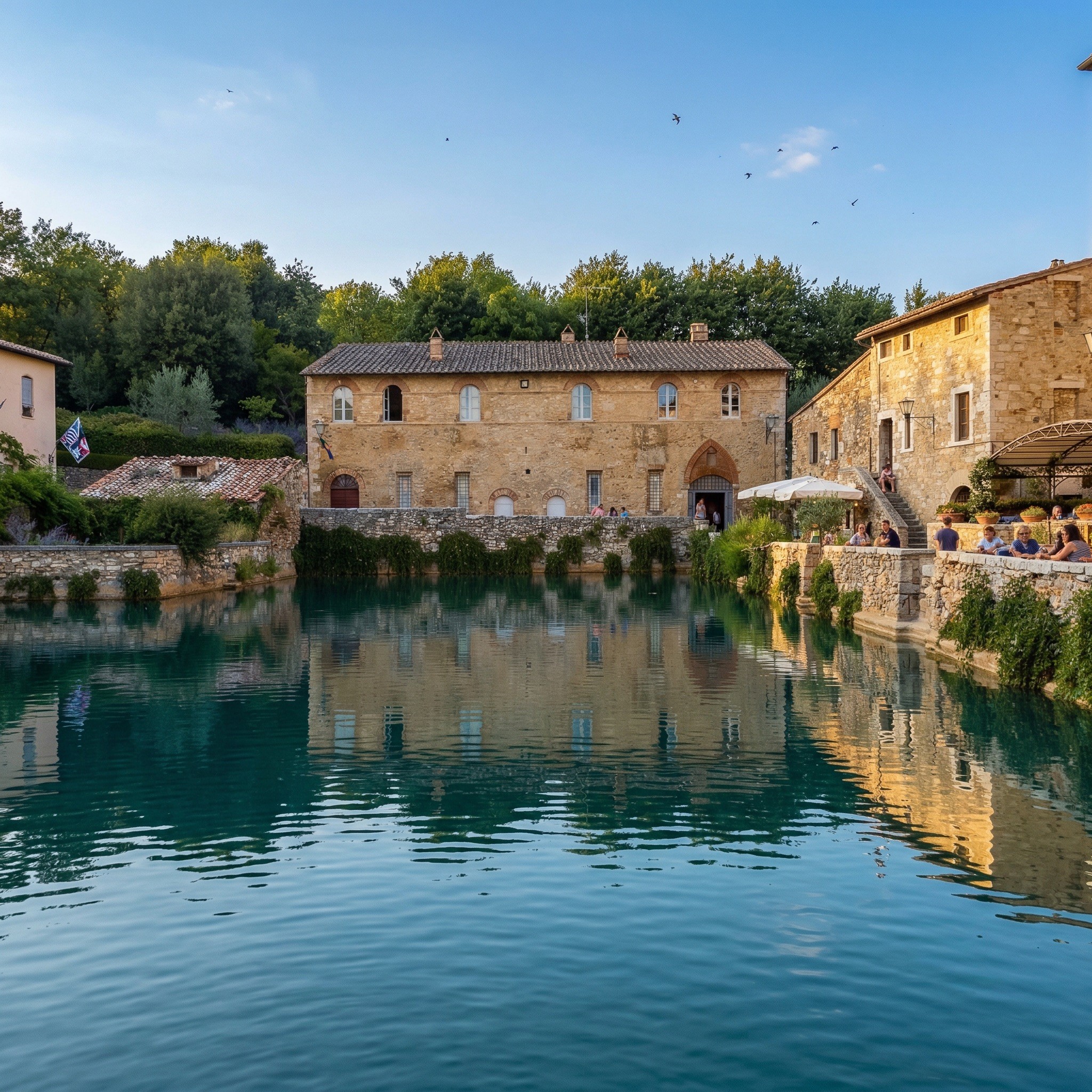 Bagno Vignoni village with steaming thermal pool, Val d'Orcia, Tuscany