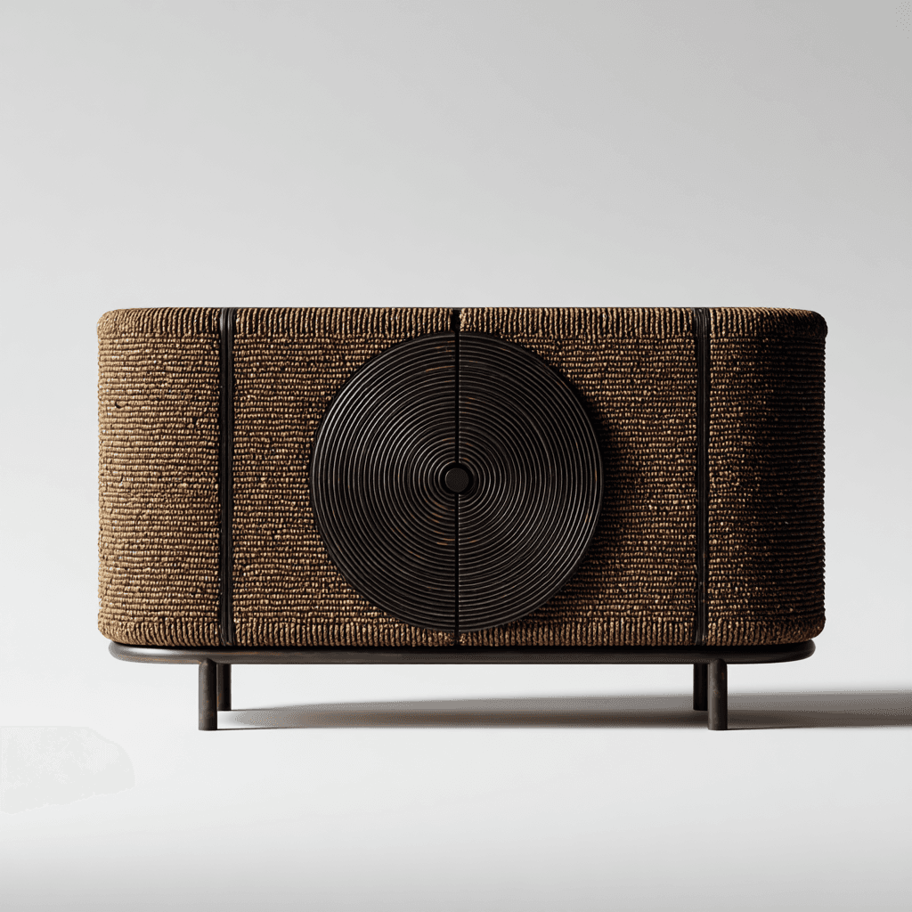 Golai  Golai meaning curve or swirl  Echoes the spiral winds of the desert. A sculpted console  that hides utility within its woven tactility