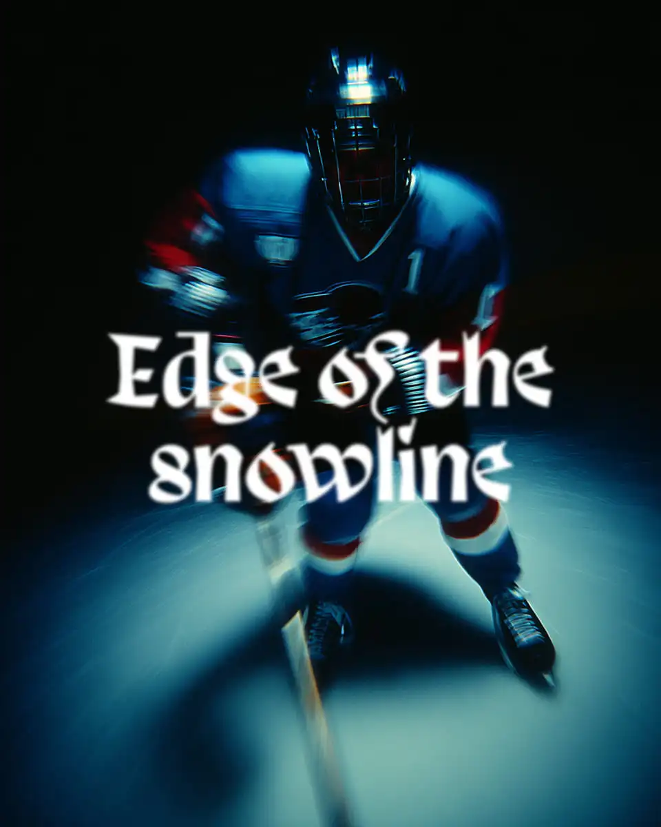 Dynamic graphic featuring a hockey player in motion with a blurred, cinematic effect and the stylized title "Edge of the snowline."