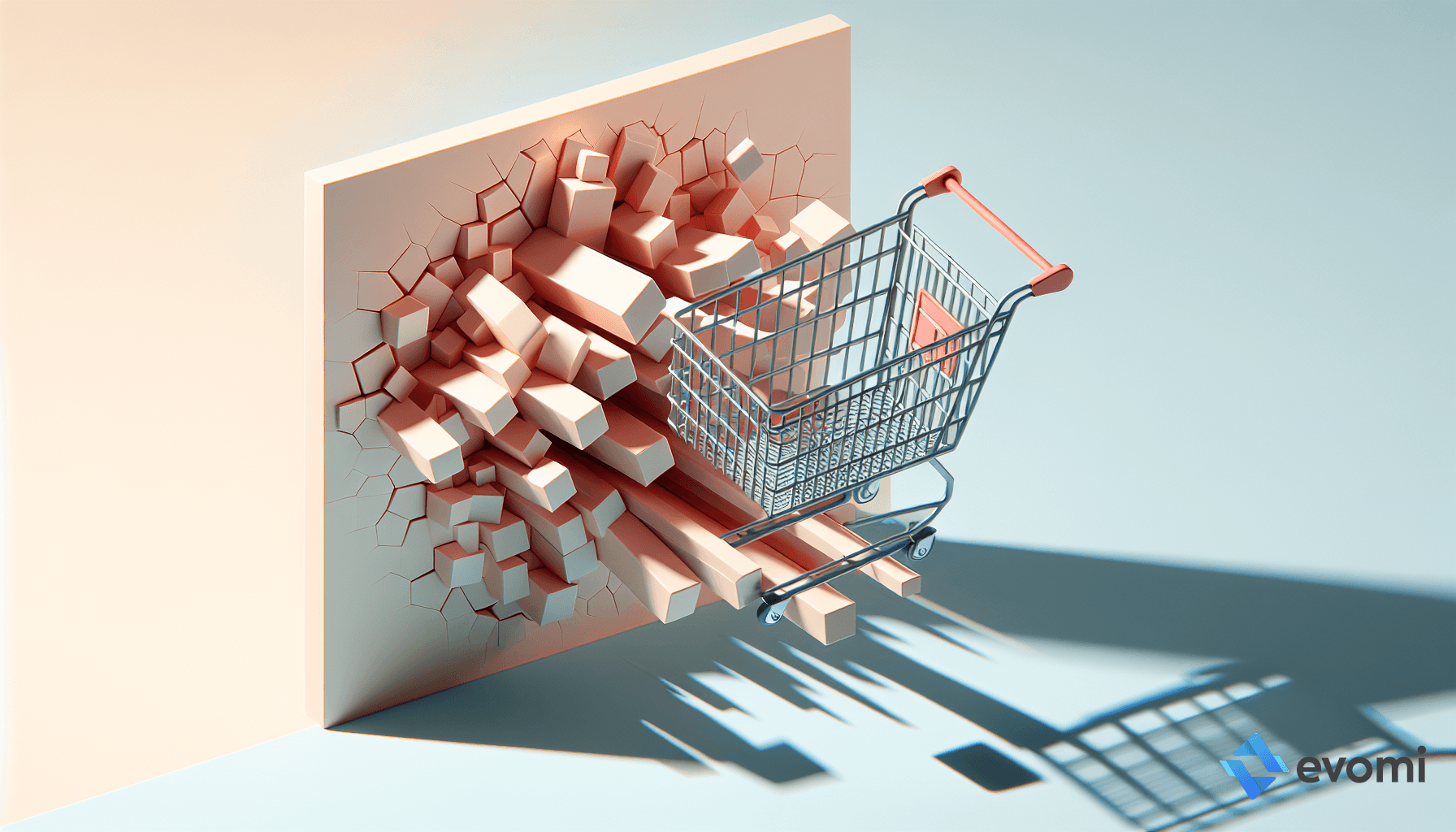  shopping cart crashing through a wall with scattered debris.