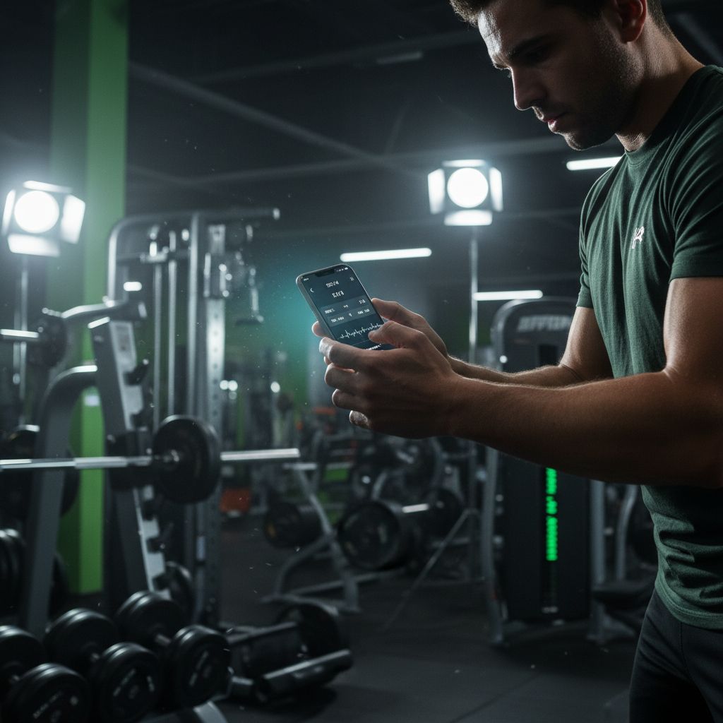 Athlete logging workout data on fitness tracking app at gym