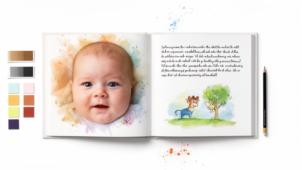 An open personalized baby book features a watercolor baby photo and a charming illustrated story.
