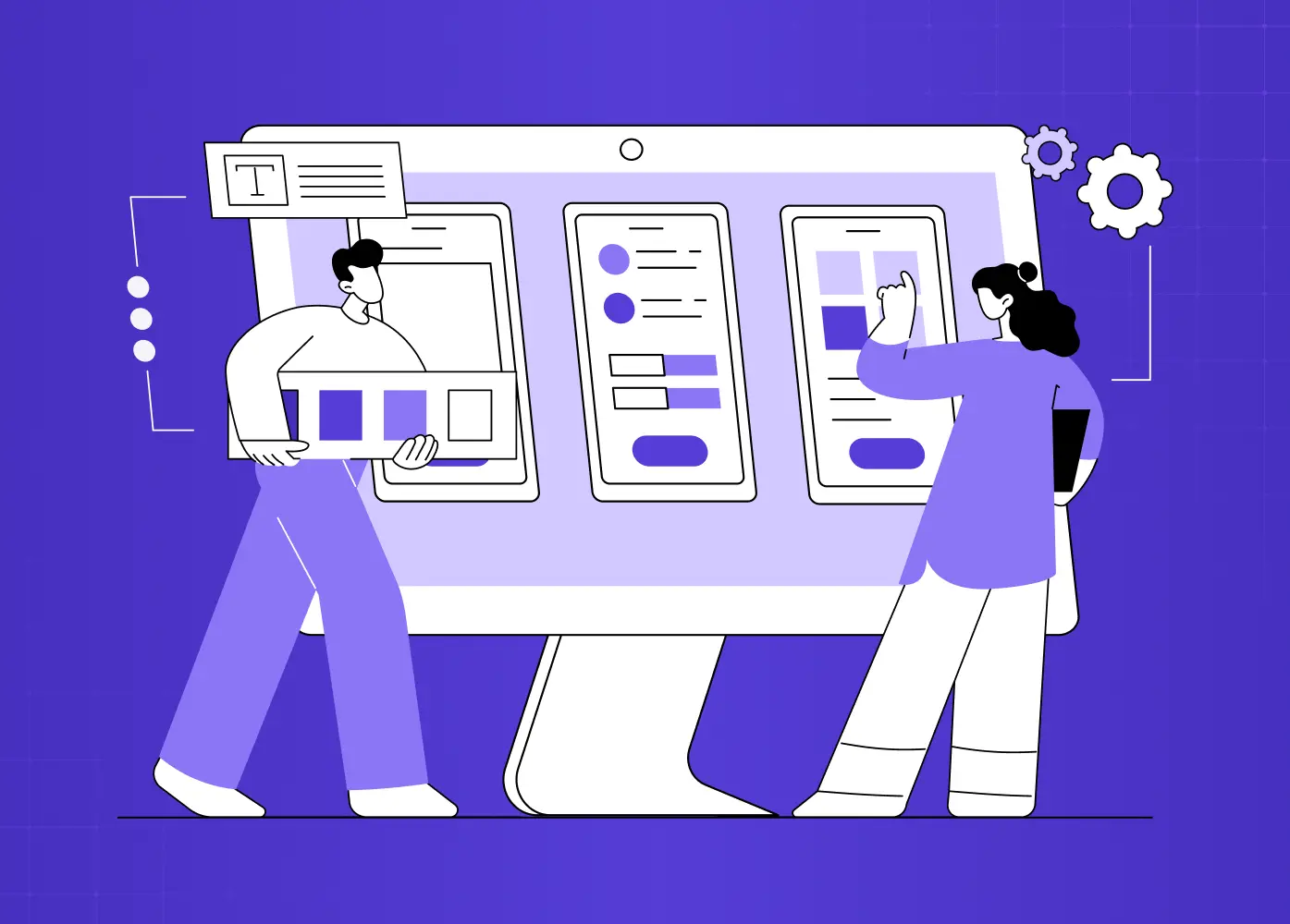 Illustration of a design and engineering team collaborating on product interfaces, representing cross-functional product development.
