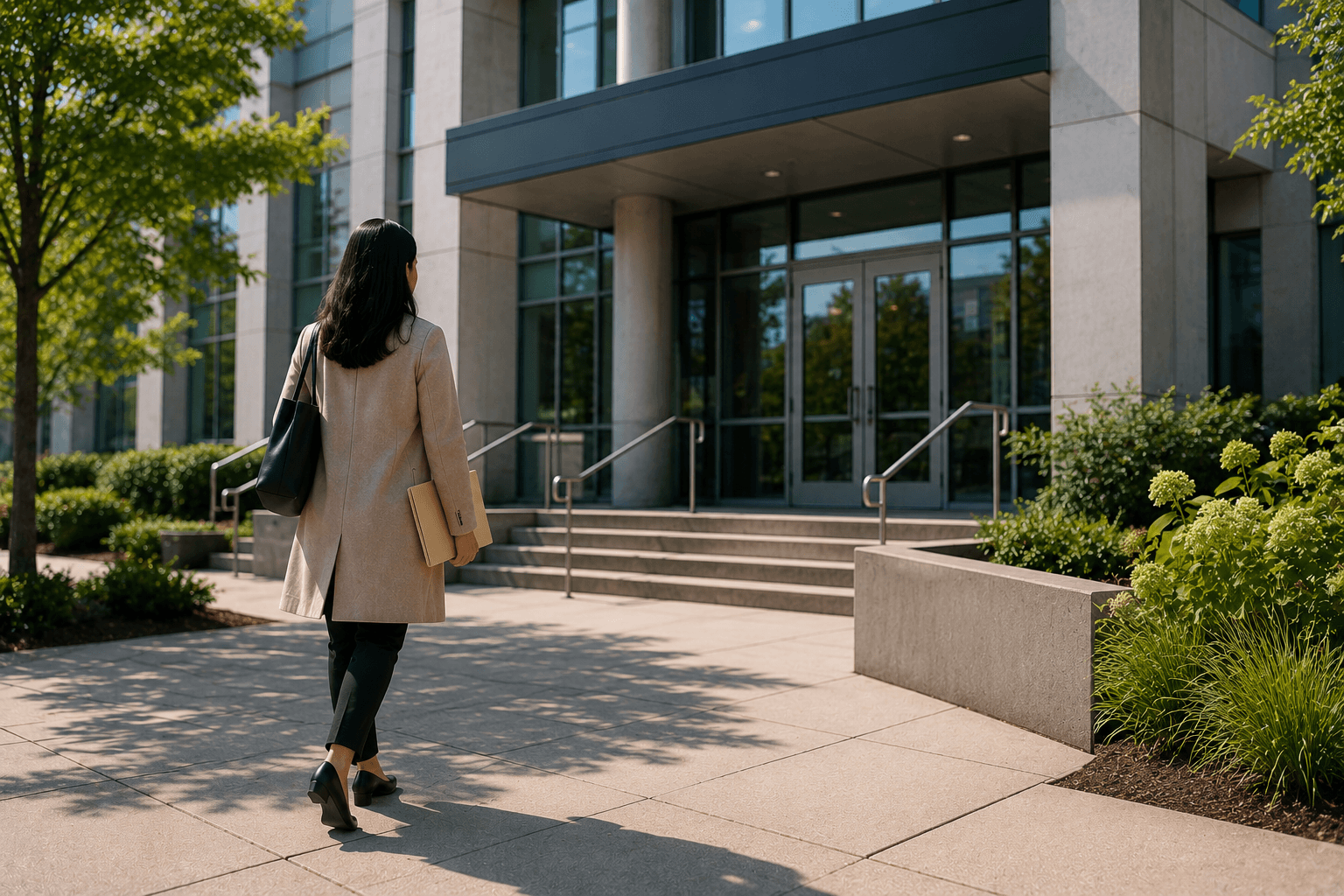 Individual arriving at a courthouse or government building in Ontario for a provincial or municipal offence matter.
