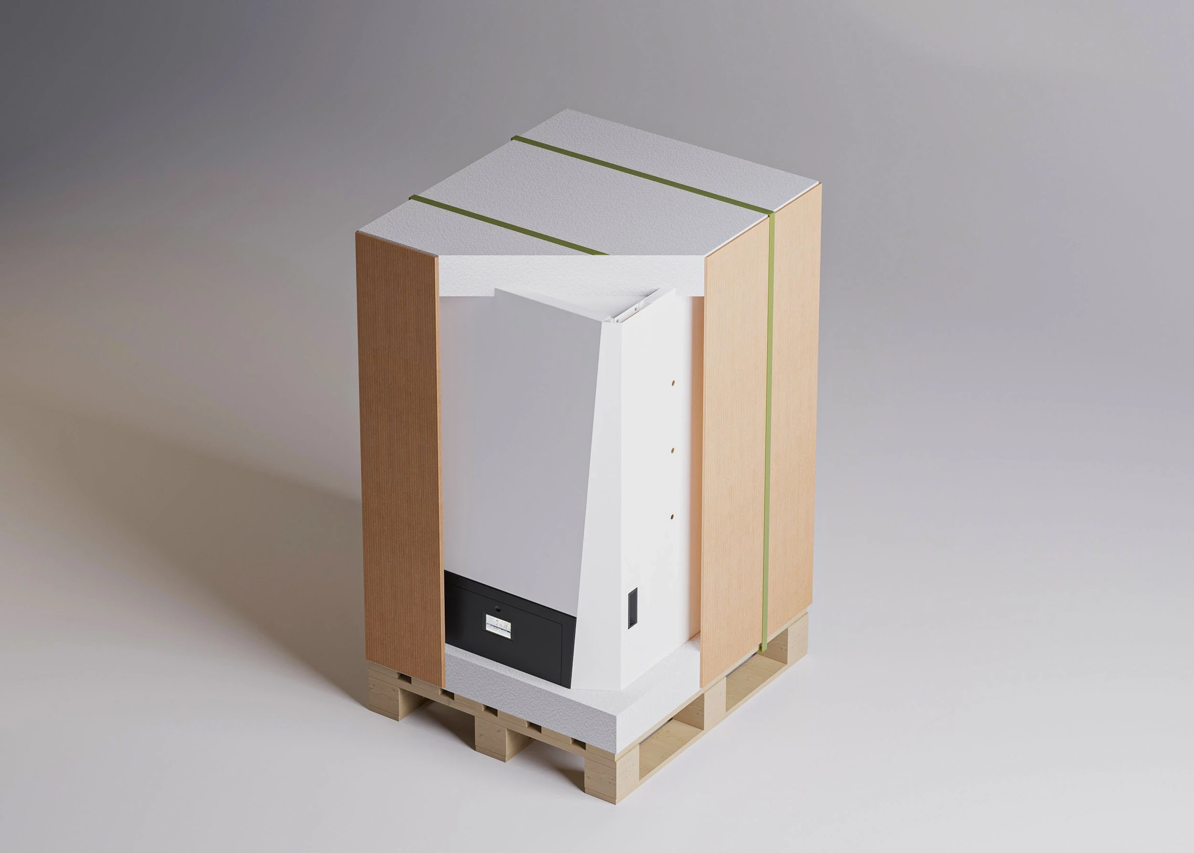 تصميم ثلاثي الأبعاد 3D يوضح تغليف غلاية التكثيف المثبتة على الحائط من GRON والمجهزة للشحن.