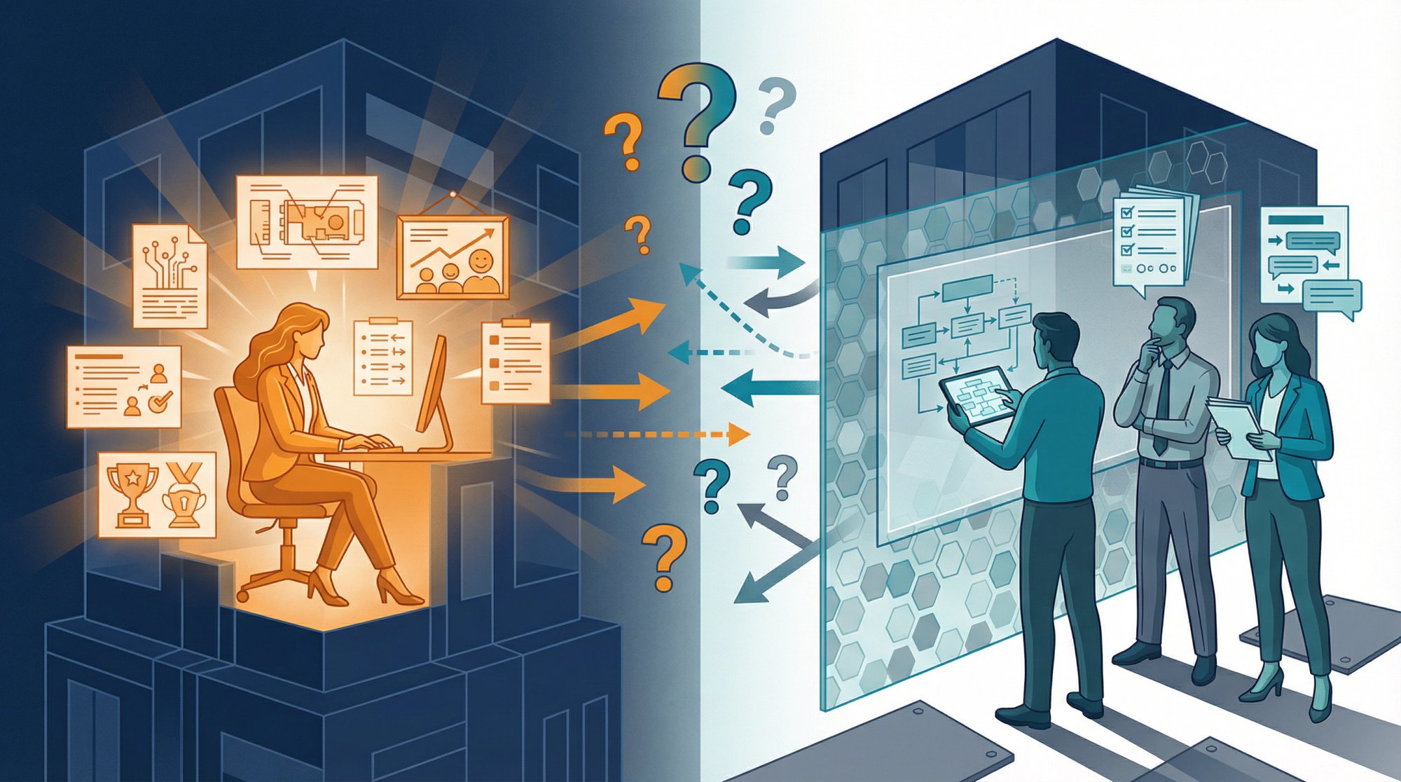 Split visual comparing in-house SDR deep brand immersion vs agency external learning process for brand representation