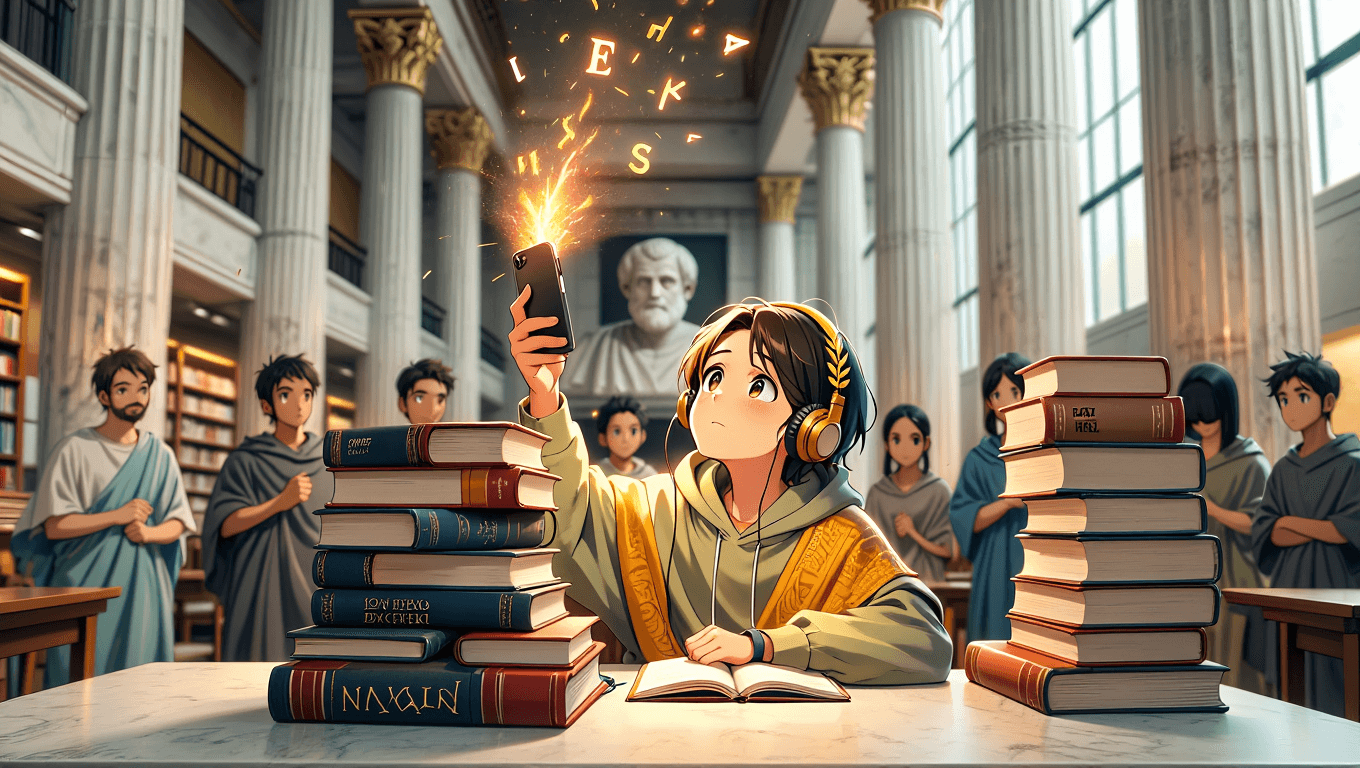 Overwhelmed TOEFL and IELTS student buried under prep books raising a smartphone glowing with golden sparks shaped like letters and speech bubbles
