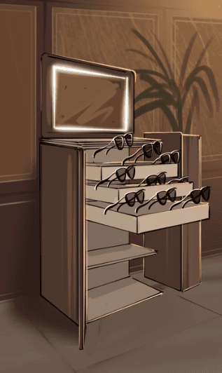 The cabinet opens to reveal a built-in light-up mirror and multiple pull-out drawers filled with sunglasses