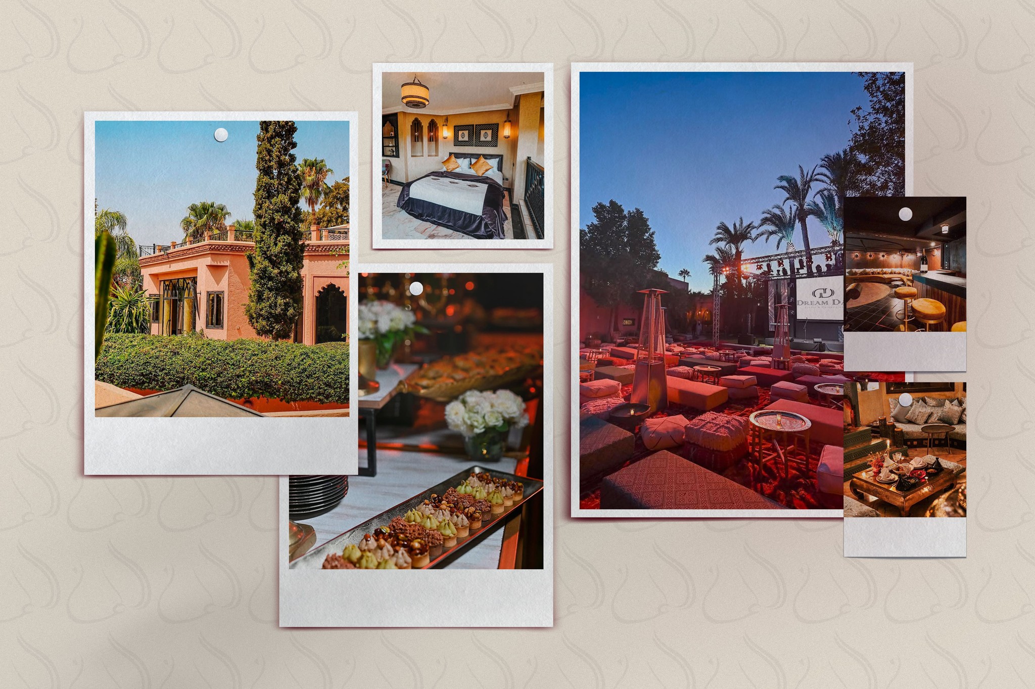 Moodboard d'inspiration créative pour le rebranding de Villa Wassim Marrakech, axé sur le luxe, l'évasion et l'ambiance événementielle. La composition montre plusieurs photos de type Polaroid : 1. L'extérieur de la villa, une architecture marocaine ocre au milieu de palmiers. 2. Une chambre luxueuse avec des coussins décoratifs jaunes et des lampes orientales. 3. Une table de buffet élégante pour l'événementiel ou la gastronomie. 4. Une scène extérieure de soirée/événement éclairée, avec de nombreux poufs au sol. L'ensemble définit la direction artistique haut de gamme et l'atmosphère des événements et du séjour à Marrakech, illustrant le processus de conception de Nux-Studio pour l'identité de marque.