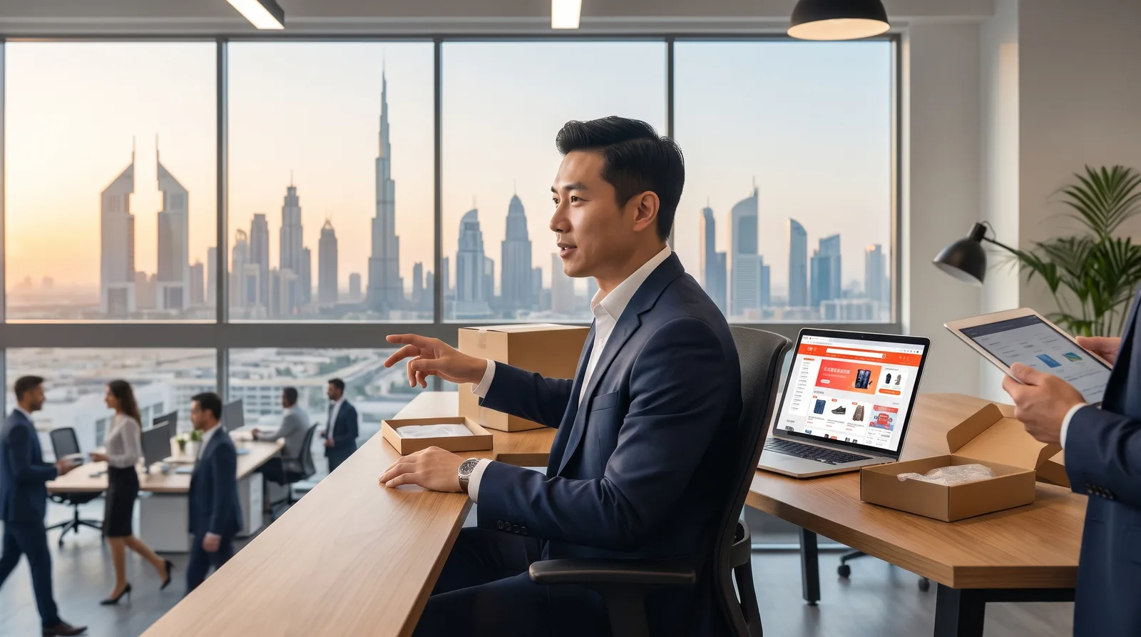Chinese founder reviewing trade and shipping plans near Dubai port containers