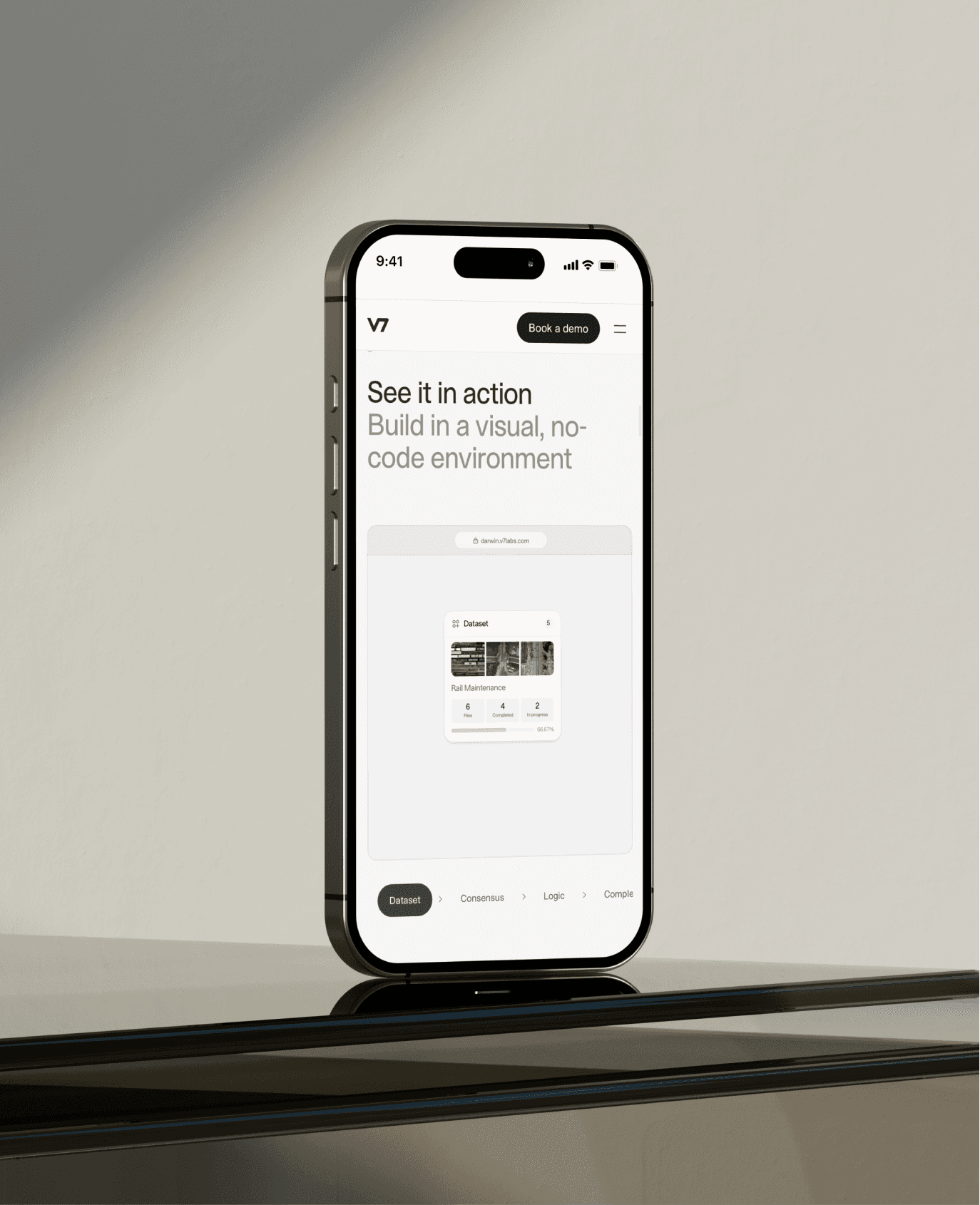 iPhone mockup showing Darwin landing page demo section — V7 Labs case study by Boldway Studio