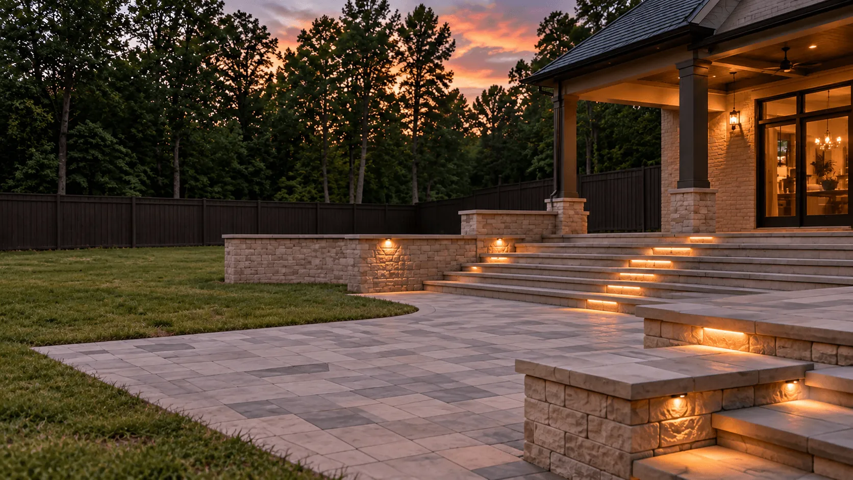Before: bare paver patio and steps with no seating or fire pit
