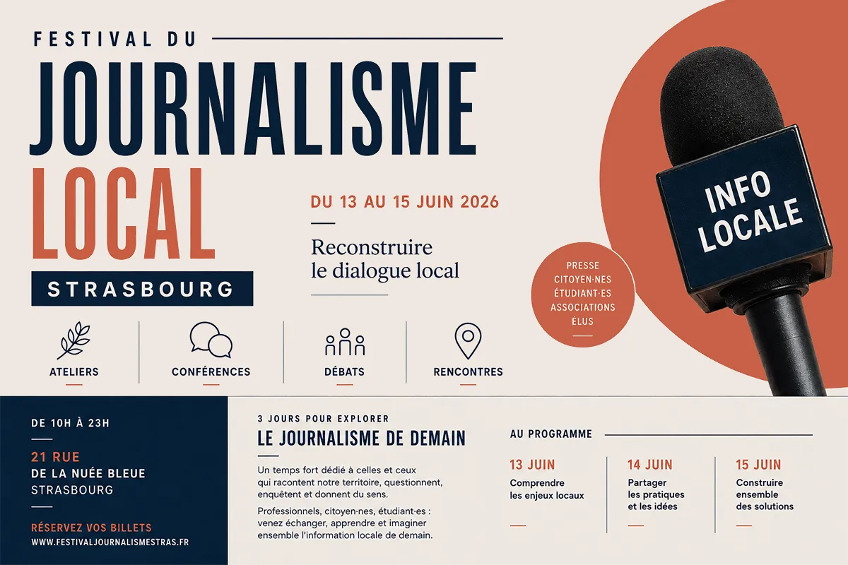 Mise en page retravaillée du visuel du Festival du Journalisme Local de Strasbourg avec textes, photographie et éléments graphiques corrigés
